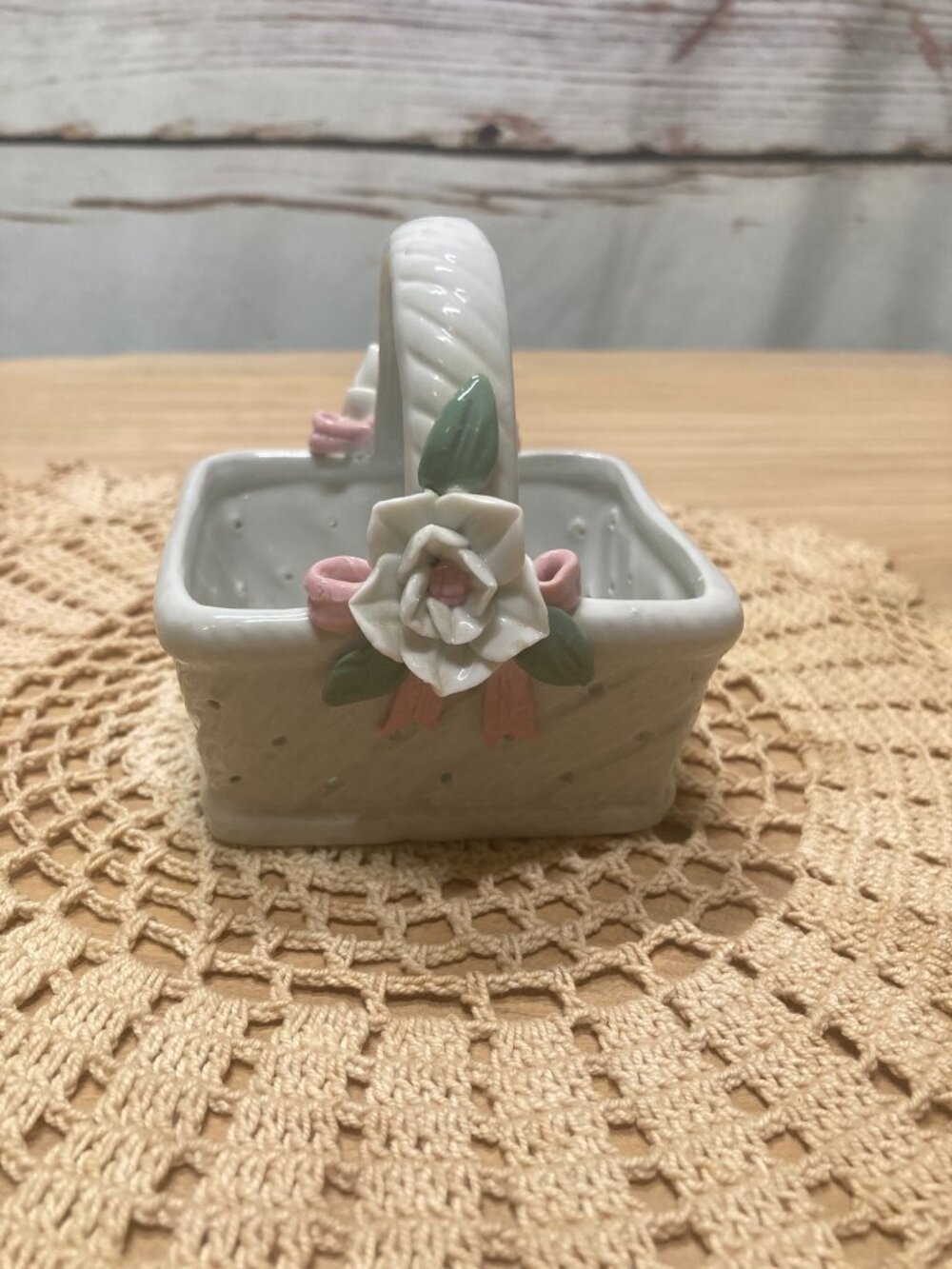 Vintage Porcelain Quilted Trinket Basket 3D Floral Pink Rose Bow Accent Flaw